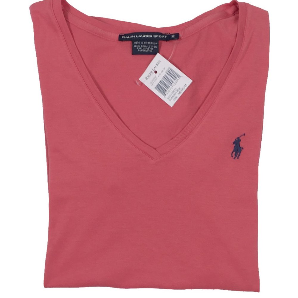 NEW Polo Ralph Lauren T Shirt!  XS  V Neck  Weathered Pink with Navy Polo Player